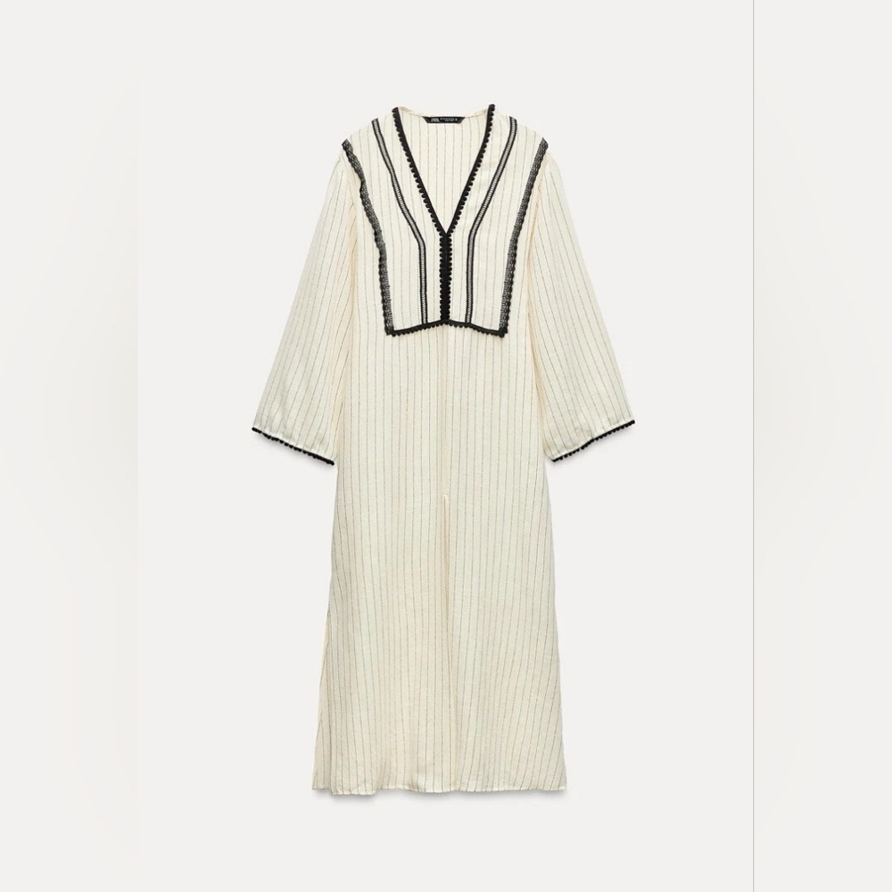 ZARA WOMAN NWT STRIPED RUSTIC KAFTAN MIDI DRESS ECRU / BLACK | 1165/156 XS-S - Picture 12 of 15